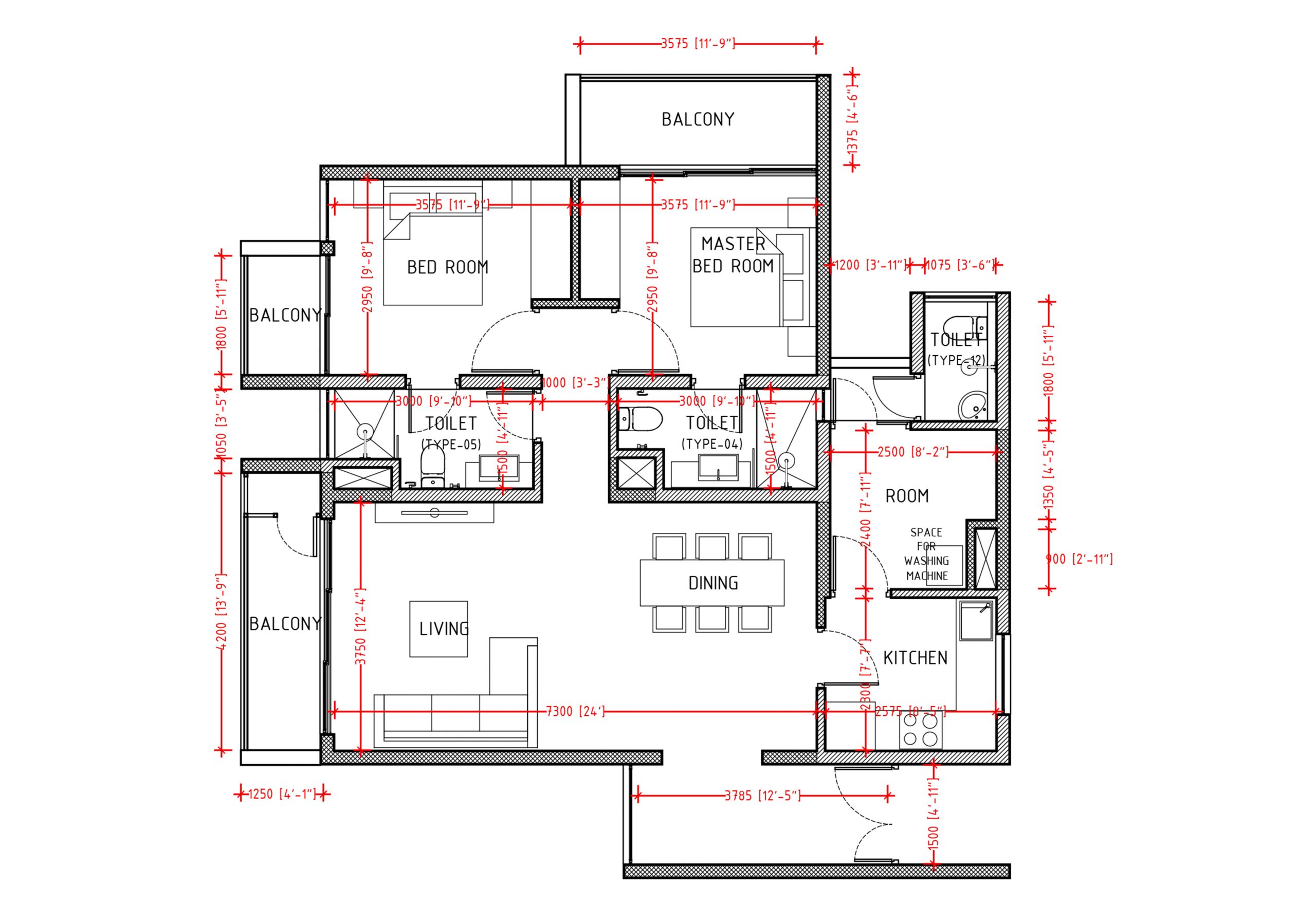 2+1 (BHK) 1160sqft Floor Plan